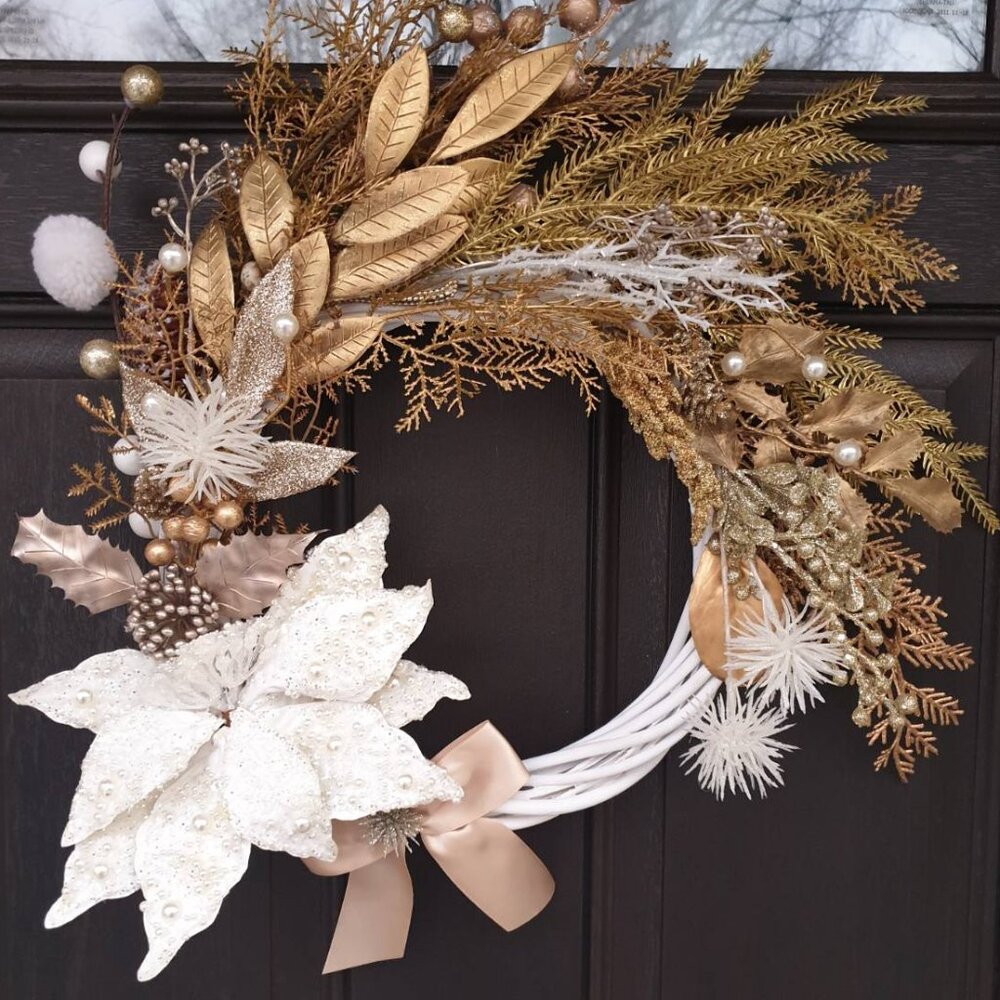 Christmas Holiday Handmade Gold White Wreath Home Office Decor Door Wall Hanger